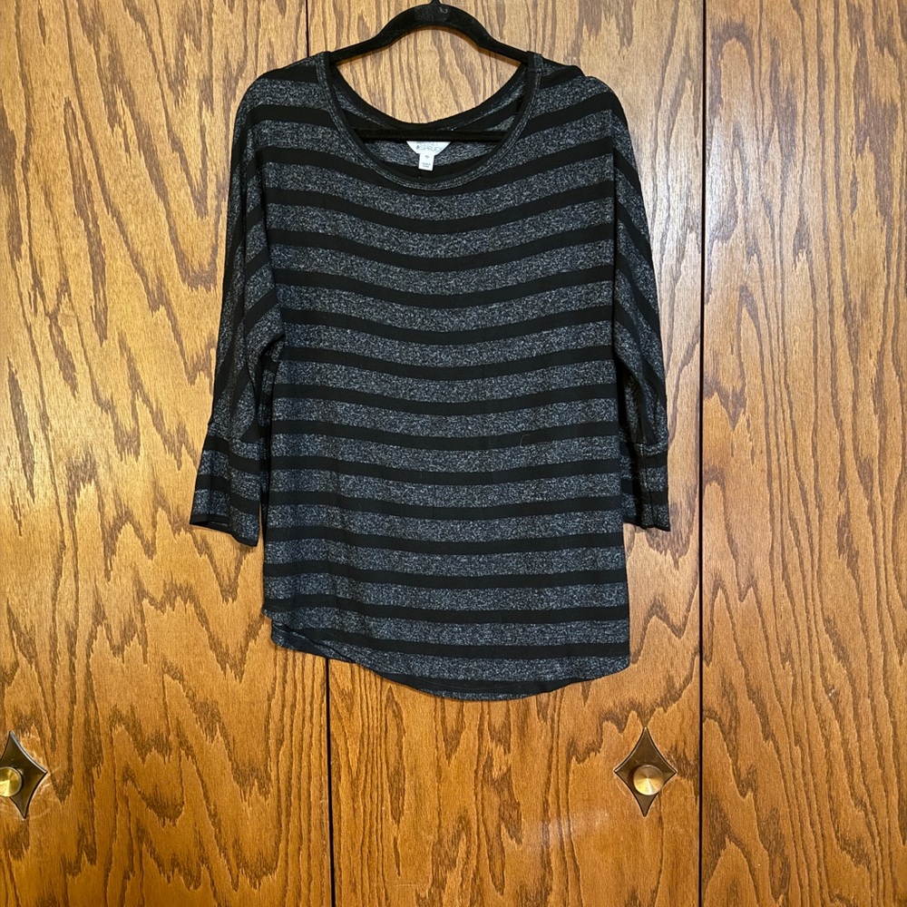 Market & Spruce XXL Black Gray Striped Top 3/4 Sleeve